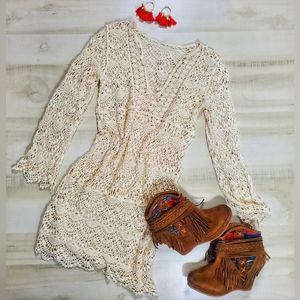 New Beachy Crochet Net Cover Up Dress Tunic Top Beige Ivory Tan
